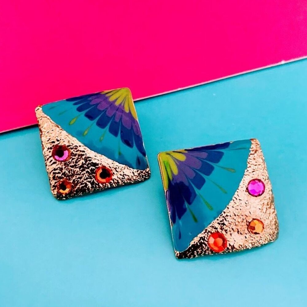Vintage 80’s Don-Lin Colorful Enamel Gold Tone Signed Earrings